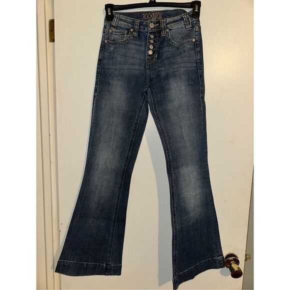 Rock & Roll Cowgirl Jeans Women’s (26 x 32) High Rise Trouser Flare Dark Wash 4 - Picture 1 of 8